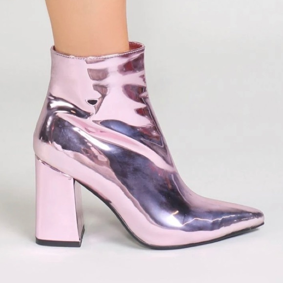Public Desire Shoes - Public Desire Ankle Boot Pointed Toe Pink Metallic Mirror Patent Chunky Heel 9